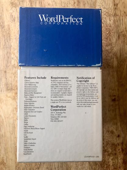 A blue and white box of WordPerfect software from another era of computing.