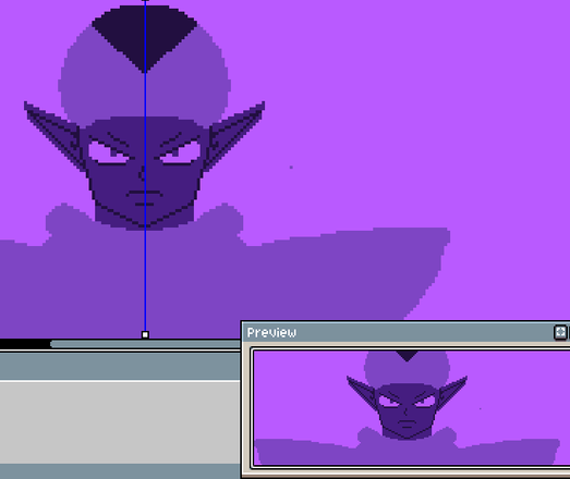 a pixel art drawing by octo. here is her image description: 
"a screenshot of a four color drawing of the character piccolo from dragonBall in different hues of purple in progress.

his upper torso is visible and he is frowning. the rest of his clothes are just basic shapes without details yet.

at the lower right corner of the screenshot you can see the miniature view of the same drawing."