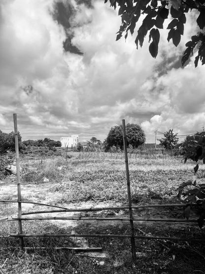 A black and white landscape featuring a fenced area with grass and shrubs. In the background, there is a building, trees, and a dramatic sky filled with clouds. And there is Cambodia and it’s with me.