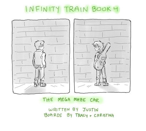Promotional art featuring a two-panel monochromatic drawing of Min-Gi and Ryan standing in front of a large stone wall, looking sadly at each other through the panel break. Written text above and below highlighted in green reads: Infinity Train Book 4 - The Mega Maze Car - written by Justin, boards by Tracy and Christina.