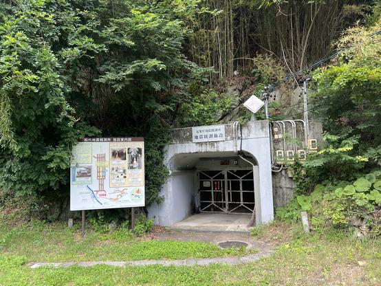 Tunnel entrance and signage. Bamboo grove overhead
