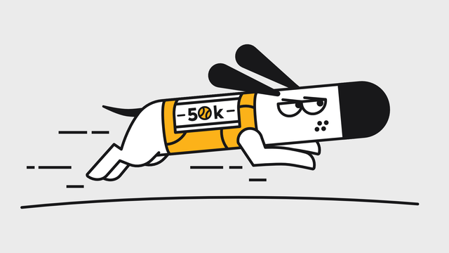Illustration of Doggo, Kagi's illustrated cartoon dog, mid-sprint, wearing a yellow running vest with a race bib labeled "50k" that features a small tennis ball icon.
