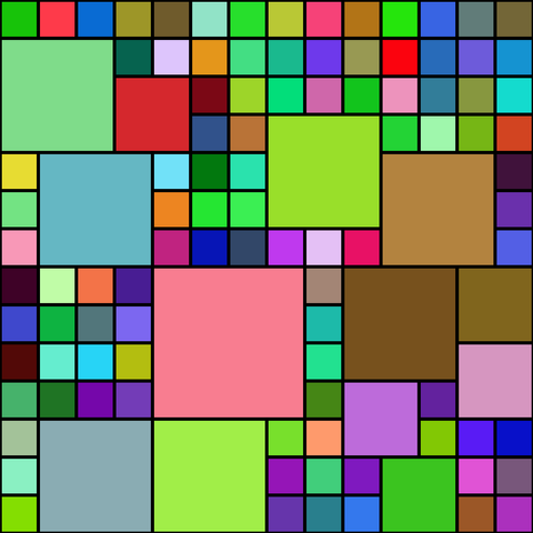 A computer generated picture of multicoloured squares of various sizes packed into a 14 by 14 grid