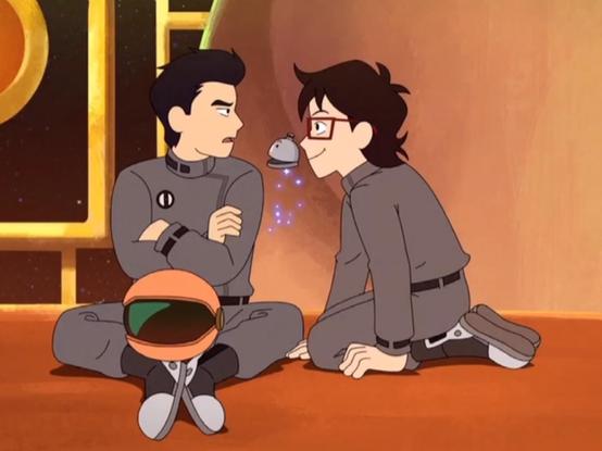 Cropped screenshot from episode 5, The Astro Queue Car. Sitting in a martian environment, a despondent Min-Gi tells an expectant Kez and Ryan something.