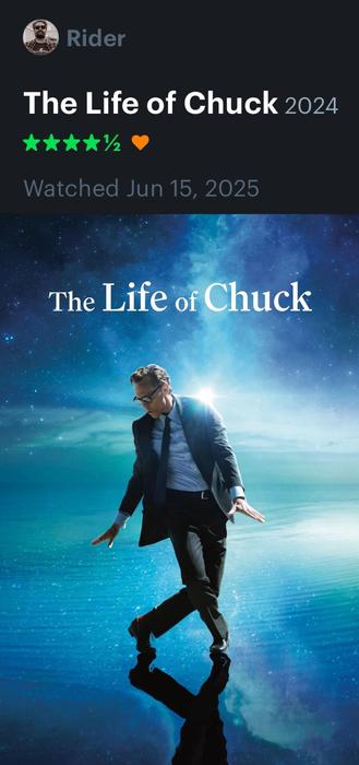 A four-and-half-star Letterboxd rating from indie horror author David Rider of The Life of Chuck (2025) featuring the film’s poster