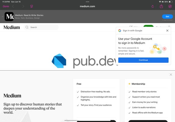 Screenshot of an article published on the medium platform. The article is barely visible as most of the page is covered by multiple overlays asking to download the medium app, login with a Google account or sign up for a medium account