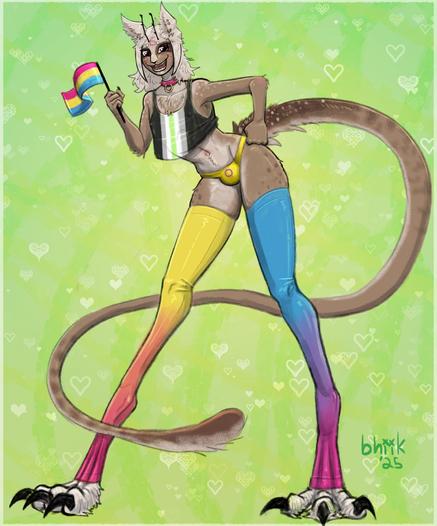 a long legged, furry-like alien oc named Tok6, smiling widely in a leaned over posture, one hand on their hip. They have digitigraded, birdlike feet and a long spotted catlike tail. they are holding a pansexual pride flag and wearing a asexual flag cropped tanktop, intersex flag bikini bottom, and leggings colored after the pan flag. they have white cropped hair with frame bangs and catlike ears. they also have black, insectoid antennae.