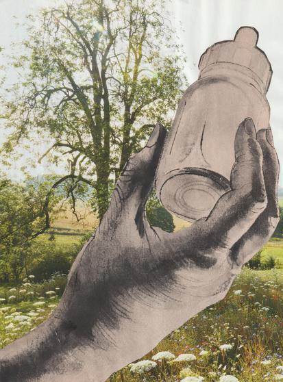 a giant hand holding a baby bottle comes up from a green flowery landscape