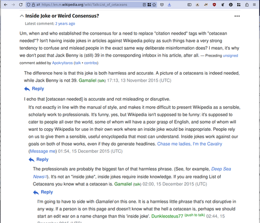 Screenshot from the Wikipedia talk page for "List of cetaceans" (https://en.m.wikipedia.org/wiki/Talk:List_of_cetaceans), showing past debates over the pun "[cetacean needed]".