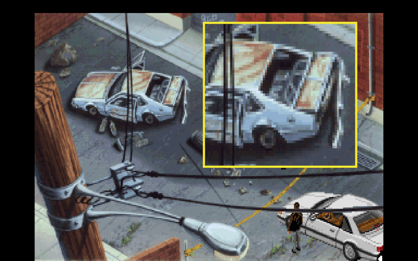 A screenshot from Police Quest 3: the Kindred, showing a scene of an alley. 

The scene has been painted at a high angle, looking down from above a street lamp, down on an old dangerous urban alley. A broken down rusting car is in the distance.

The writer has zoomed in on a section of the broken down car, to show how jaggy parts of the car's body have been smoothed over using blocks of similar colours.