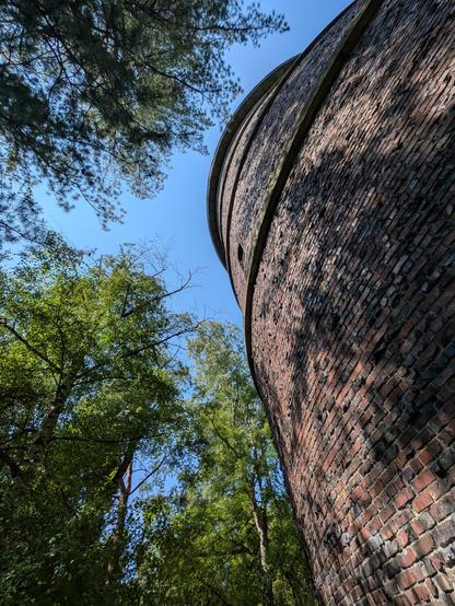 A picture at the base of the Volunteer Park water tower. The tower is made of brick and is 75ft tall. Trees grow alongside the tower reaching similar heights.