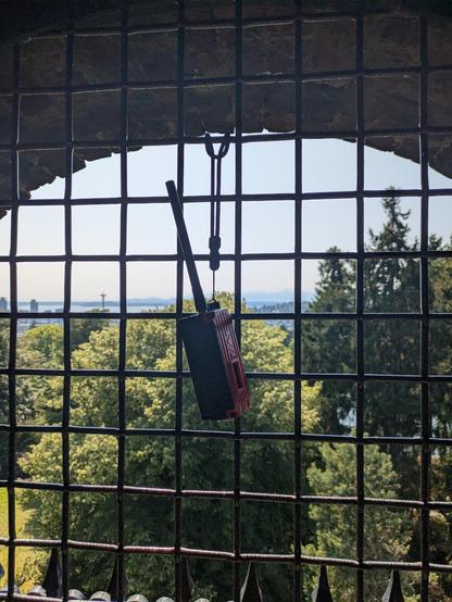 A LoRa radio hangs in a window of a 75ft tall water tower located on the highest point on Seattle's Capital Hill. In the background evergreen trees crowd the view. In an opening the Space Needle is visible. In the far distance the foothills of the Olympic Mountain range can be seen.