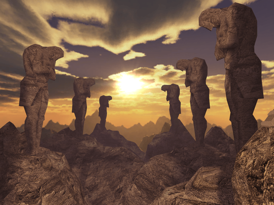 An arid mountainous valley with two rows of stone statues bowing to the centre. In the distance, a yellow-orange sun is breaking through dense cloud cover. Taken on Korriban in Star Wars: Knights of the Old Republic.
