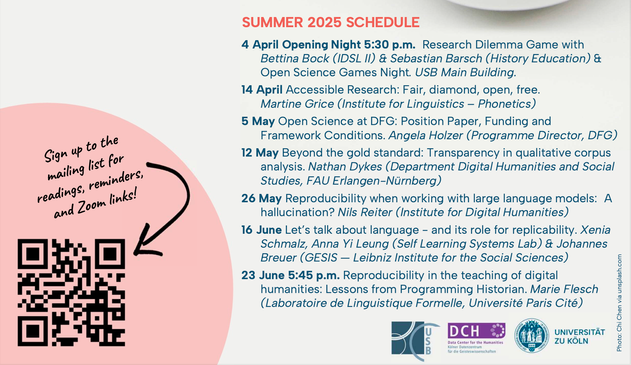 SUMMER 2025 SCHEDULE
4 April Opening Night 5:30 p.m. Research Dilemma Game with
Bettina Bock (IDSL II) & Sebastian Barsch (History Education) &
Open Science Games Night. USB Main Building.
14 April Accessible Research: Fair, diamond, open, free.
Martine Grice (Institute for Linguistics – Phonetics)
5 May Open Science at DFG: Position Paper, Funding and
Framework Conditions. Angela Holzer (Programme Director, DFG)
12 May Beyond the gold standard: Transparency in qualitative corpus analysis. Nathan Dykes (Department Digital Humanities and Social Studies, FAU Erlangen-Nürnberg)
26 May Reproducibility when working with large language models: A hallucination? Nils Reiter (Institute for Digital Humanities)
16 June Let’s talk about language - and its role for replicability. Xenia Schmalz, Anna Yi Leung (Self Learning Systems Lab) & Johannes Breuer (GESIS — Leibniz Institute for the Social Sciences)
23 June 5:45 p.m. Reproducibility in the teaching of digital
humanities: Lessons from Programming Historian. Marie Flesch
(Laboratoire de Linguistique Formelle, Université Paris Cité)