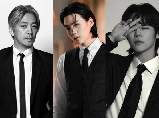 Colllage of 3 portraits - Ryuichi Sakamoto, Min Yoongi and Woosung