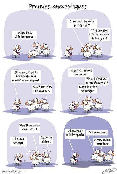 Un mouton parle à d'autres moutons :
    - Allez, hop, à la bergerie.
    
    - Comment tu nous parles toi ? T'as cru que t'étais le chien de berger.
    
    - Bien sur, c'est le berger qui m'a nommé chien adjoint.
    - Sauf que t'es un mouton. 
    
    - Regarde, j'ai une écharpe. et qui c'est qui a une écharpe ? C'est le chien de berger.
    
    - Mon Dieu, mais c'est vrai ! Il a une écharpe. C'est un chien.
 - Allez, hop, à la bergerie.
 - Oui monsieur. A vos ordres monsieur.