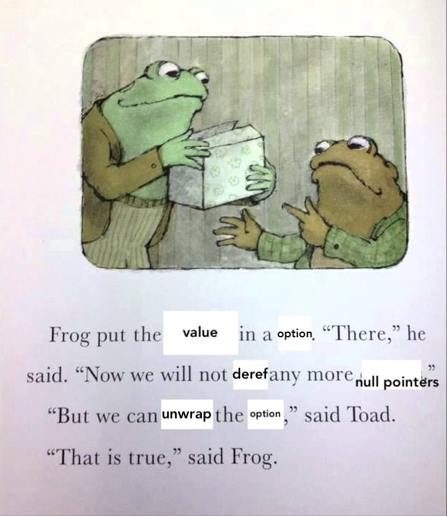 An image of Frog holding a box and giving it to Toad with this caption:

	Frog put he _value_ in an _option_. “There,” he said. “Now we will not _deref_ any more _null pointers_.”
	“But we can _unwrap_ the _option_,” said Toad.
	“That is true,” said Frog.