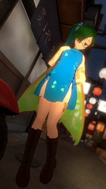 VR photo of my VRChat main character, Sola, in her Fairy Dragon form (anime girl with green-blue hair, glasses, draconic scales, fairy wings).