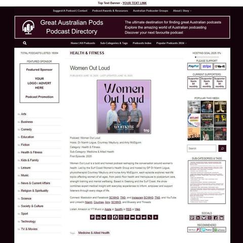 Women Out Loud
Screenshot of the podcast listing on the Great Australian Pods website