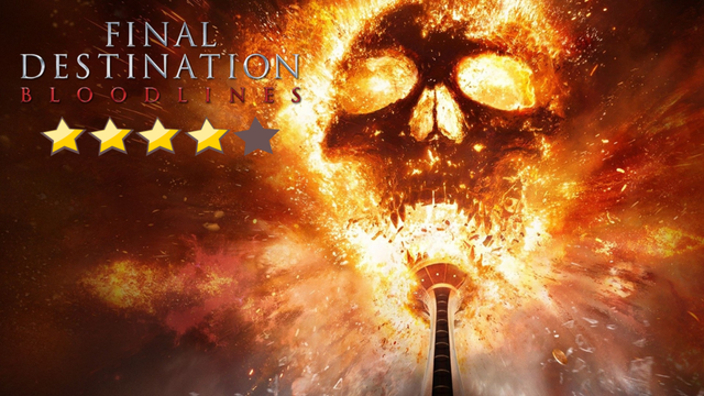 movie poster for Final destination bloodlines showing a tower on fire with a flaming skull above it