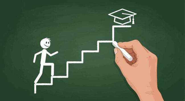 Hand drawing a staircase on a chalkboard. A smiling stick figure is walking up the steps toward a graduation cap at the top, symbolizing academic progress and the path to a degree.