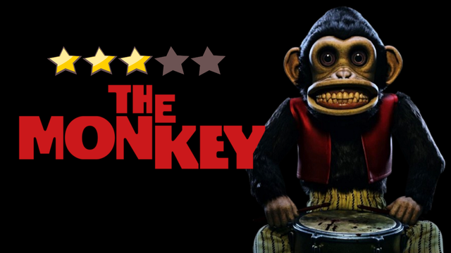 movie poster for the money showing a drumming toy monkey with the words the monkey in red letters