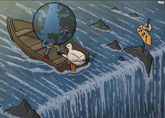 A cartoon shows Earth in a boat drifting backwards towards a waterfall as he desperately pulls the cord of an outboard engine shaped like the dove of peace. A rock on the edge of the waterfall has an impaled skull on a stick and a sign pointing down showing a nuclear symbol and a missile.
