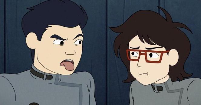 Screenshot from episode 4, The Pig Baby Car. Min-Gi and Ryan look at each other, gagging or pretending to be nauseous.