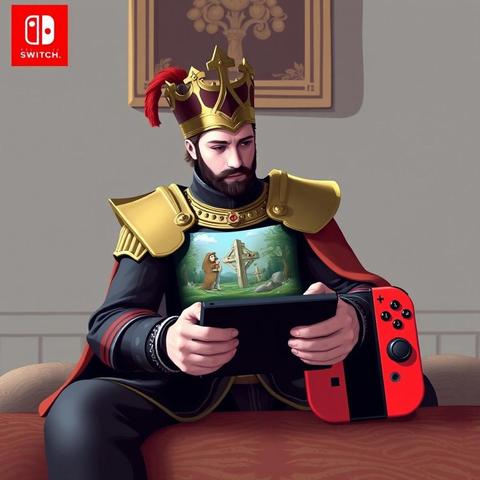 Image with seed 223584259 generated via Stable Diffusion through @stablehorde@sigmoid.social. Prompt: Henry XIII playing on a Nintendo Switch