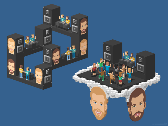 Two voxel-style isometric 3D images. One is a looping structure of speakers and DJ stages with DJs behind it. The other is a dance stage with DJs and a dancing crowd. Both images are larded with pixel portraits of the Wæde Wätts DJs.