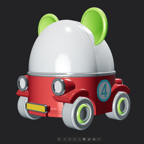 3D models of a red toy car with cute apple green animal ears. The top of the car has a white dome.