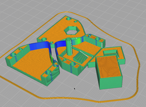 Four parts displayed in a slicing software for 3D printing. Three of them have the same outer contour. There's holes for screws and a nut and a large pin and triangle shapes.