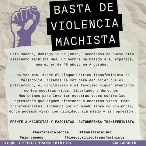 BASTA DE VIOLENCIA MACHISTA

Esta mañana, domingo 15 de junio, lamentamos de nuevo otro asesinato machista más. Un hombre ha matado a su expareja, una mujer de 49 años, en A Coruña.
Una vez más, desde el Bloque Crítico Transfeminista de Valladolid, alzamos la voz para denunciar que el patriarcado, el capitalismo y el fascismo siguen atentando contra nuestras vidas, libertades y derechos. Nos unimos para levantar nuestras voces contra las
Las agresiones que siguen afectando nuestras vidas. Como transfeministas, luchamos por un mundo libre de violencia, donde podamos vivir con dignidad, sin miedo y sin opresión.

#niunamás
Frente a machistas y fascistas, autodefensa transfeminista

#basta de violencia
#transfeminismo
#bloquecriticotransfeminista

Bloque Crítico Transfeminista
VALLADOLID