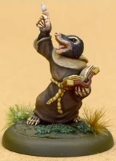 We have an anthropomorphic mole in a brown friar's habit. He has one book open in his left paw whilst the right paw points upwards. He's clearly eulogising on some religious topic.