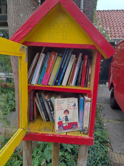 De inhoud van de minibieb: twee planken met boeken, met vooraan Pluk van de Petteflet.