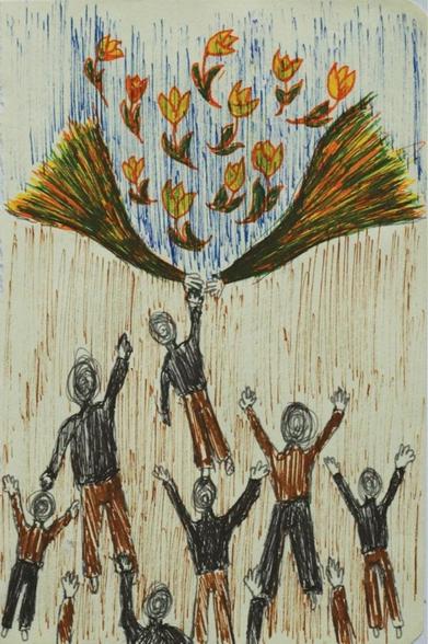 Image: drawing, possibly with markers; we see people dressed in black and brown, hands reaching up towards the sky, and a pair of hand and the top of head reaching down from the top of the page •“Exhibiting Artists: Safa Miqdad, Diabuah Chibuike Richard, Jose Ukachukwu  On Monday 16 June, join us in celebrating World Refugee Week with the launch of our Café Wall Exhibition, Impressions.  Impressions features the drawings by three artists from migrant backgrounds, and presents realistic portrayals of their lived experiences through self-portraits, depictions of significant persons, and details of daily life amidst adverse conditions.”