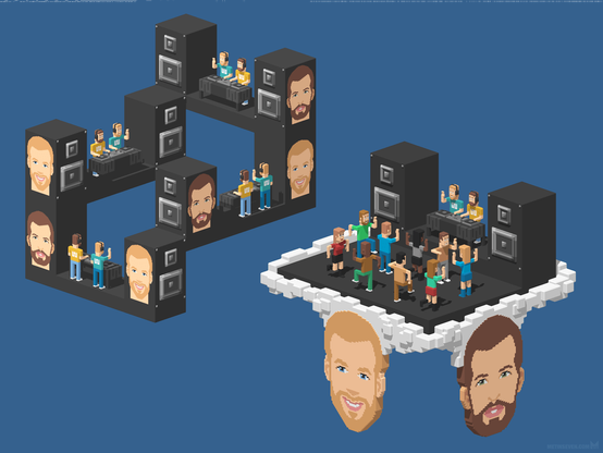 Two voxel-style isometric 3D images. One is a looping structure of speakers and DJ stages with DJs behind it. The other is a dance stage with DJs and a dancing crowd. Both images are larded with pixel portraits of the Wæde Wätts DJs.