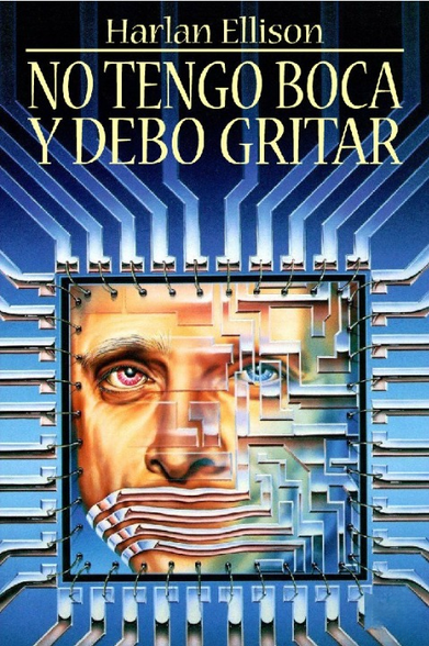 Portada del relato. Un fondo tecnológico con la imagen de un hombre con la boca difuminada.