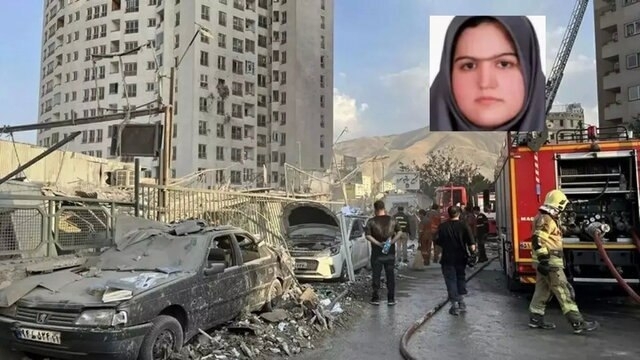 Picture of a street with destroyed cars and rubble and damaged house bombed by Israel with picture of Dr. Marzieh Asgari who was kille with her 3 years old child