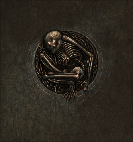 A skeleton is crouch up in a round hole in a wall.