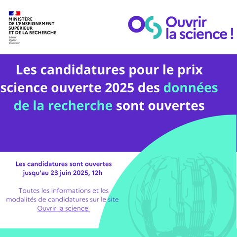 visuel : candidatures pour le prix science ouverte 2025 des données de la recherche ouverte jusqu'au 23 juin; voir ouvrirlascience.fr