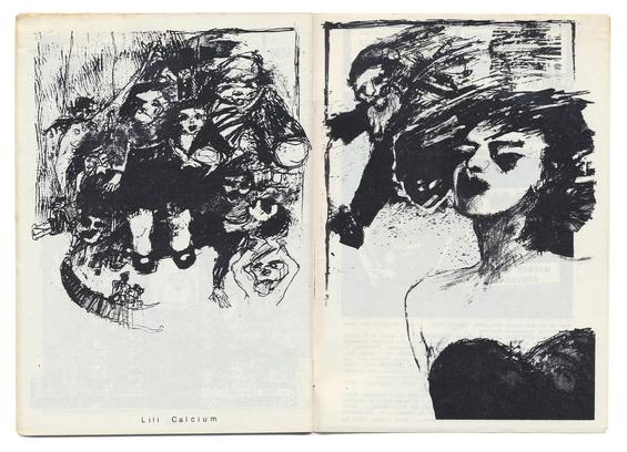 double page imprimée en noir sur blanc.
Deux dessins de la même artiste, Lili Calcium (son nom figure en bas de la page de gauche).
A gauche, un groupe d'enfants. A droite, un portrait de femme maquillée avec un Père Noël qui semble courir en arrière plan. 
L'écriture graphique générale est très picturale, avec utilisation d'un pinceau et d'une plume.