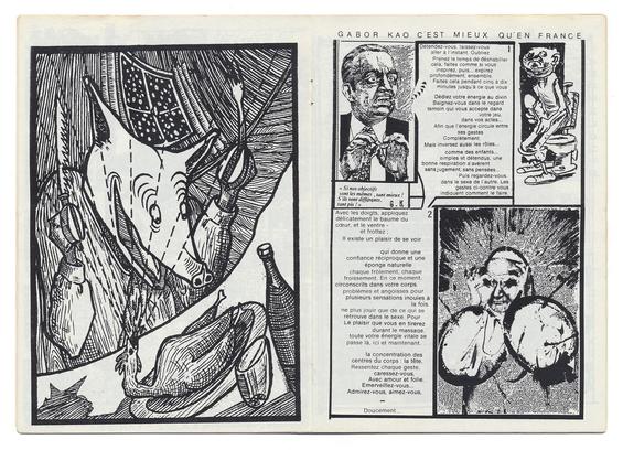 double page imprimée en noir sur blanc.
A gauche, dessin d'un personnage à tête de cochon qui s'apprête à manger une volaille. Il est en intérieur, et tient dans ses sabots des couverts. Par une fenêtre derrière lui, on voit de la neige dans un ciel noir. Il semble ravi, la bouche ouverte dans un sourire large. La perspective du dessin est tordue, les lignes se courbent.
A droite, un texte qui parodie un article de conseils de santé. En haut de la page : "GABOR KAO, C'EST MIEUX QU'EN FRANCE". Plusieurs vignettes d'illustrations, dont un portrait d'un homme en costume, un croquis d'un homme en érection debout devant des toilettes, et une photographie retouchée du pape Jean Paul II qui fait des lunettes avec ses doigts.