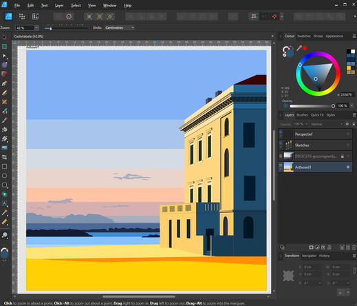 This is a screenshot of the artwork in progress, titled 'Seashore of Santa Maria de Castellabate'. It features a yellow beach, blue skies and a large, antique house standing on the beach. The sun, the main feature of this print, is illuminating the landscape from the southwest.