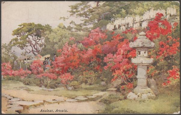 Printed colour postcard showing a view of the azaleas at the Awata Jinja Shrine in Kyoto, Japan.

Published by A & C Black Ltd, London, Ella Du Cane, Flowers and Gardens of Japan, No 35.

Postally used on 5 May 1925 with Kilburn cancellation on red one penny stamp and sent to Mrs A. Bacon, 52 Crystal Palace Park Road, Sydenham, London SE26.

Good condition, with some corner bumps, but very light crease to centre of right edge.