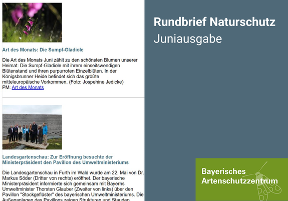 Links ein Screeshot eines Ausschnittes des aktuellen Rundbriefs, rechts ein Textfeld mit der Beschriftung Rundbrief Naturschutz, Juniausgabe.