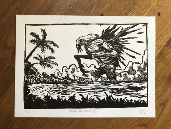 Cthulhu, de l'eau jusqu'aux genoux, au large d'une île tropicale