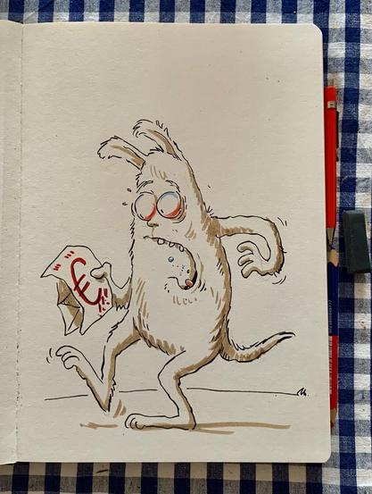 A cartoonish creature resembling a scruffy rabbit stands on two legs, expressing concern while holding a piece of paper with a euro symbol on it. The creature has exaggerated features, including large eyes and a surprised mouth.