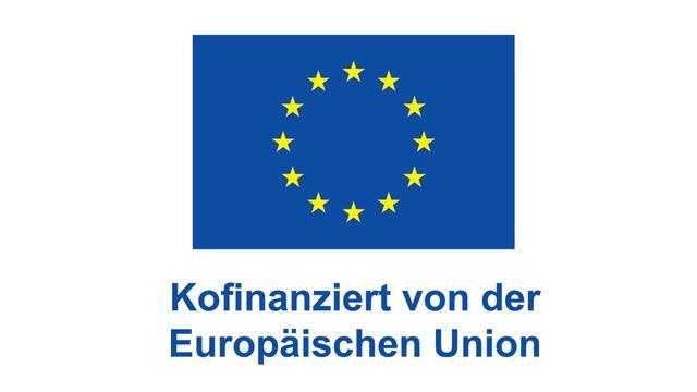 EFRE-Logo. Flagge von Europa auf weißem Hintergrund. Darunter steht: Kofinanziert von der Europäischen Union.