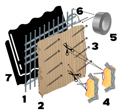 A diagram depicting how to construct a reinforced banner, numbered 1 through 7, featuring

1.) Metal construction fencing
2.) Corrugated Plastic
3.) Zip Ties
4.) Handles
5.) Duct Tape
6.) More Zip Ties, and
7.) Banner fabric.